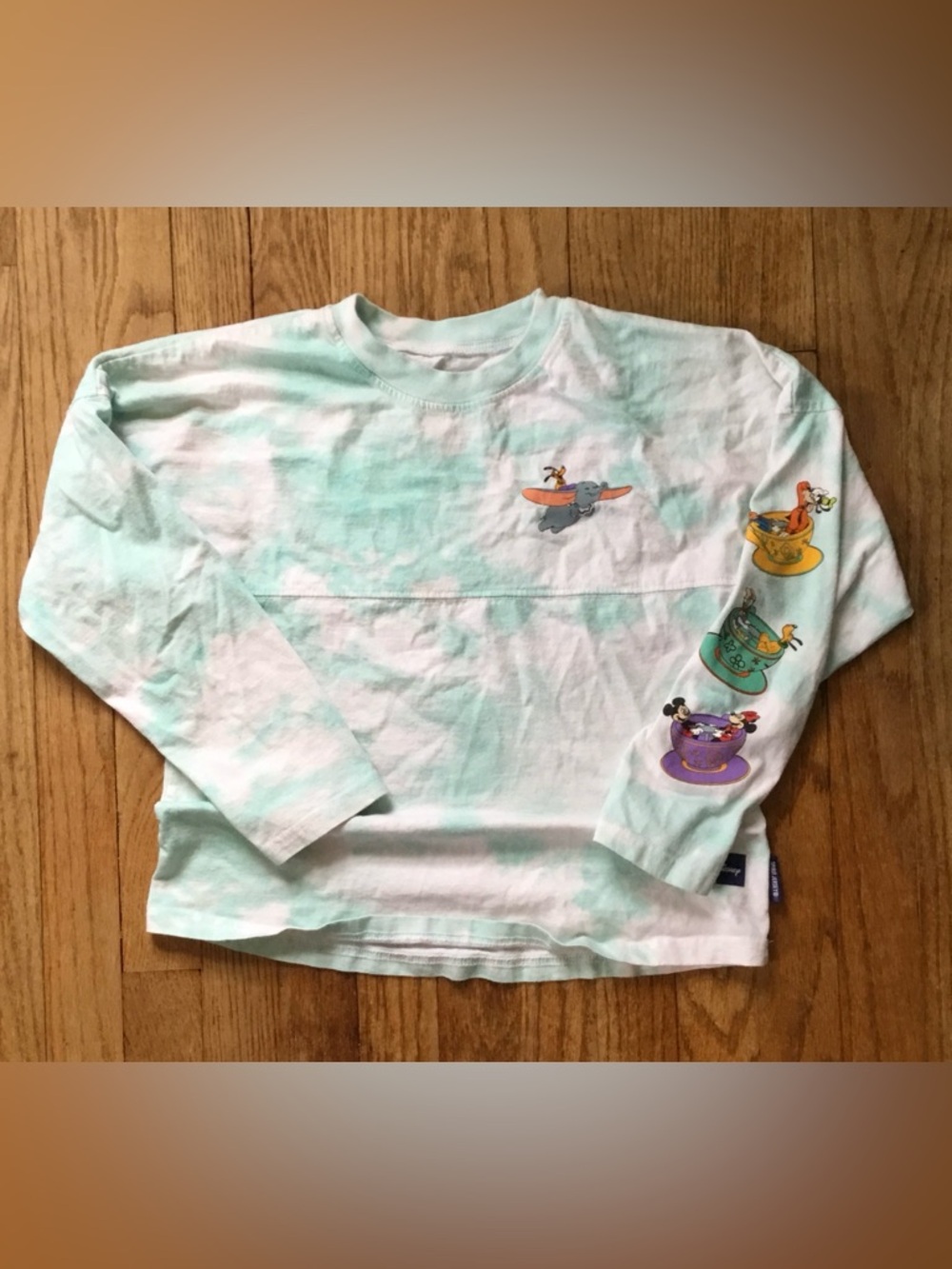 Vintage Disney Kids Long Sleeve Tie-Dye Tee in White & Mint with Teacup Ride
